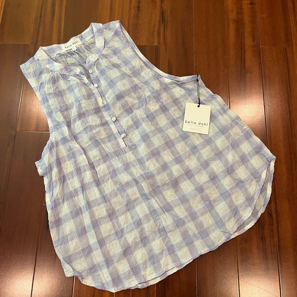 New NWT Bella Dahl Light Purple Tank‎ Top Plaid Checkered Button Sleeveless Sz L